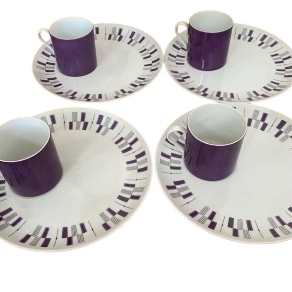 Crate&Barrel Mid Century Modern White Purple Fine China Dinnerware NWOT